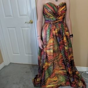 Adriana Papell multi colored strapless gown
